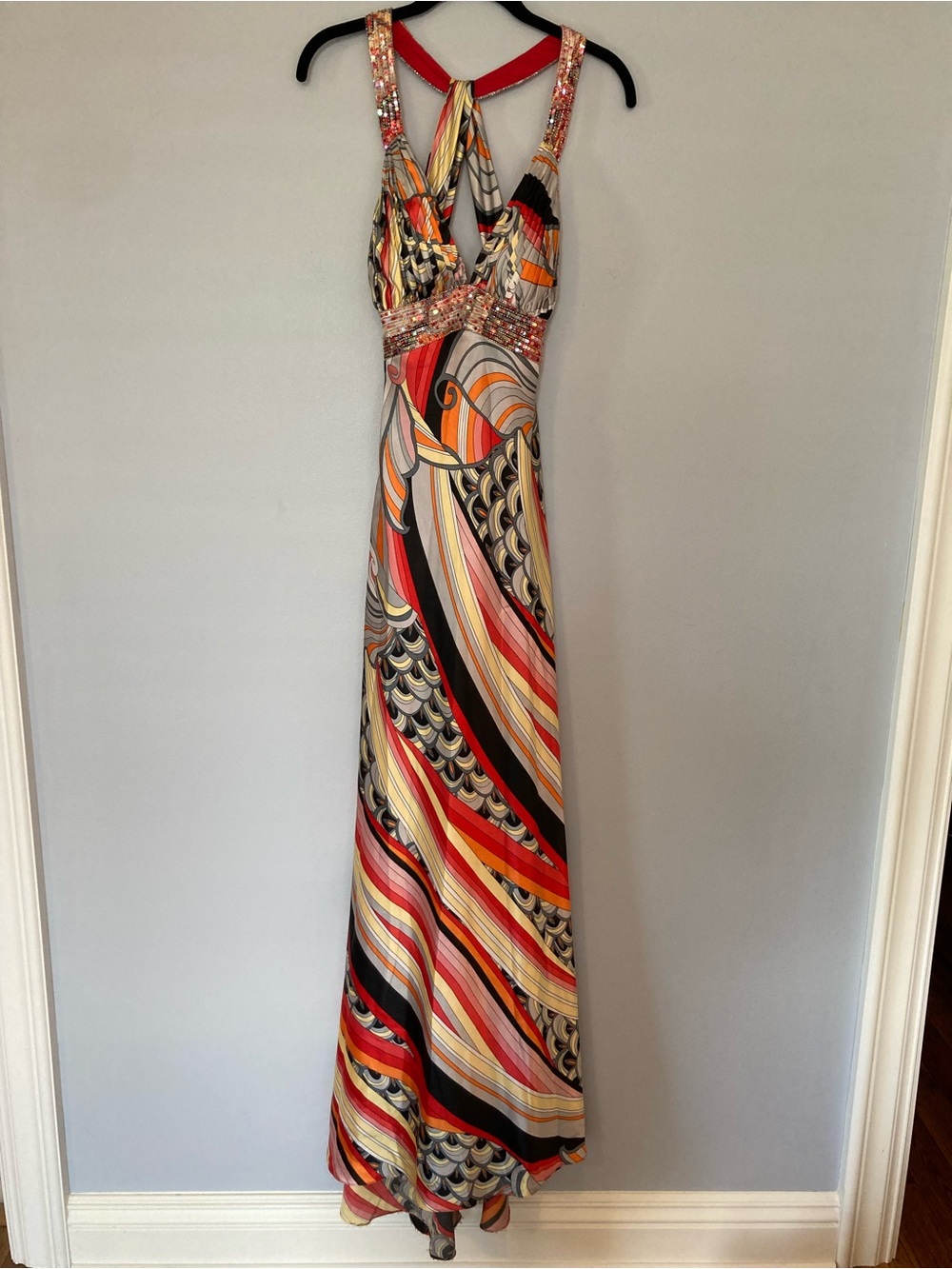 David's Bridal Red, Orange, Black and Cream Patterned Maxi Dress sz 0